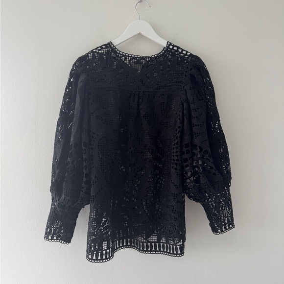 FARM RIO Black Guipire Puff Sleeve Blouse M - Picture 5 of 7